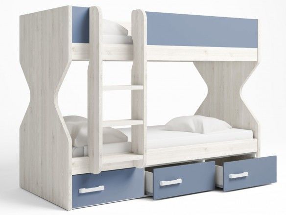 Litera 2 camas con 3 cajones color blanco nordic-azul talco  merkamueble