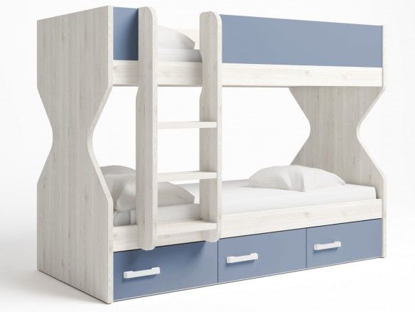 Litera 2 camas con 3 cajones color blanco nordic-azul talco  merkamueble