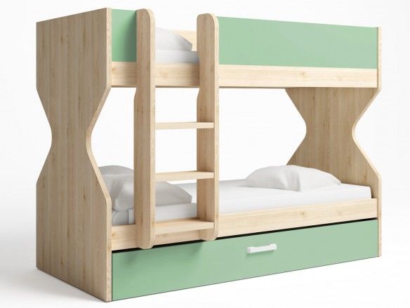 Litera 3 camas con nido arrastre color pino danés-verde talco  merkamueble