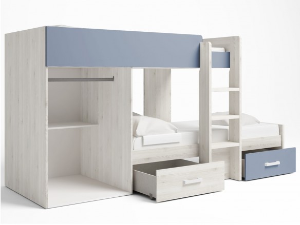 Litera tren 2 camas con 2 cajones y 2 puertas color blanco nordic-azul talco  merkamueble