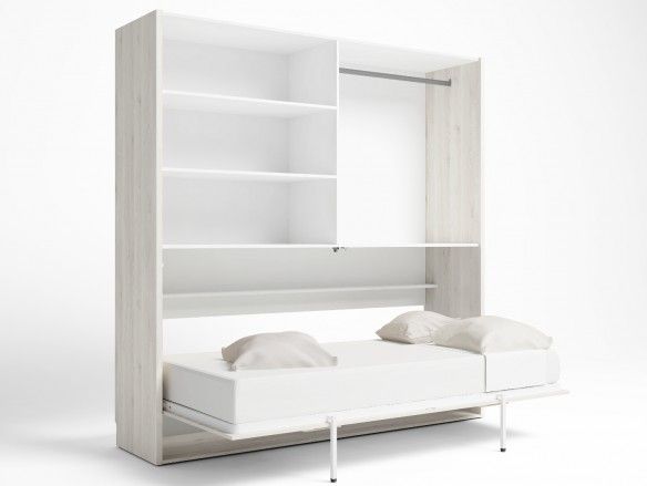 Cama abatible horizontal con mesa estudio plegable y armario 4 puertas color blanco nordic-azul talco  merkamueble