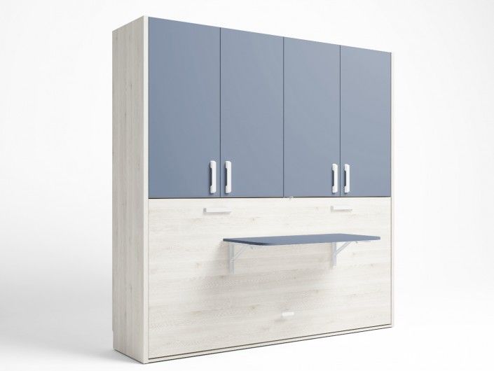 Cama abatible horizontal con mesa estudio plegable y armario 4 puertas color blanco nordic-azul talco  merkamueble