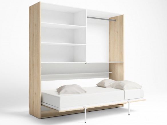 Cama abatible horizontal con mesa estudio plegable y armario 4 puertas color pino danés-blanco nordic  merkamueble
