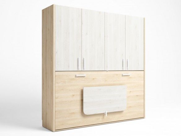 Cama abatible horizontal con mesa estudio plegable y armario 4 puertas color pino danés-blanco nordic  merkamueble