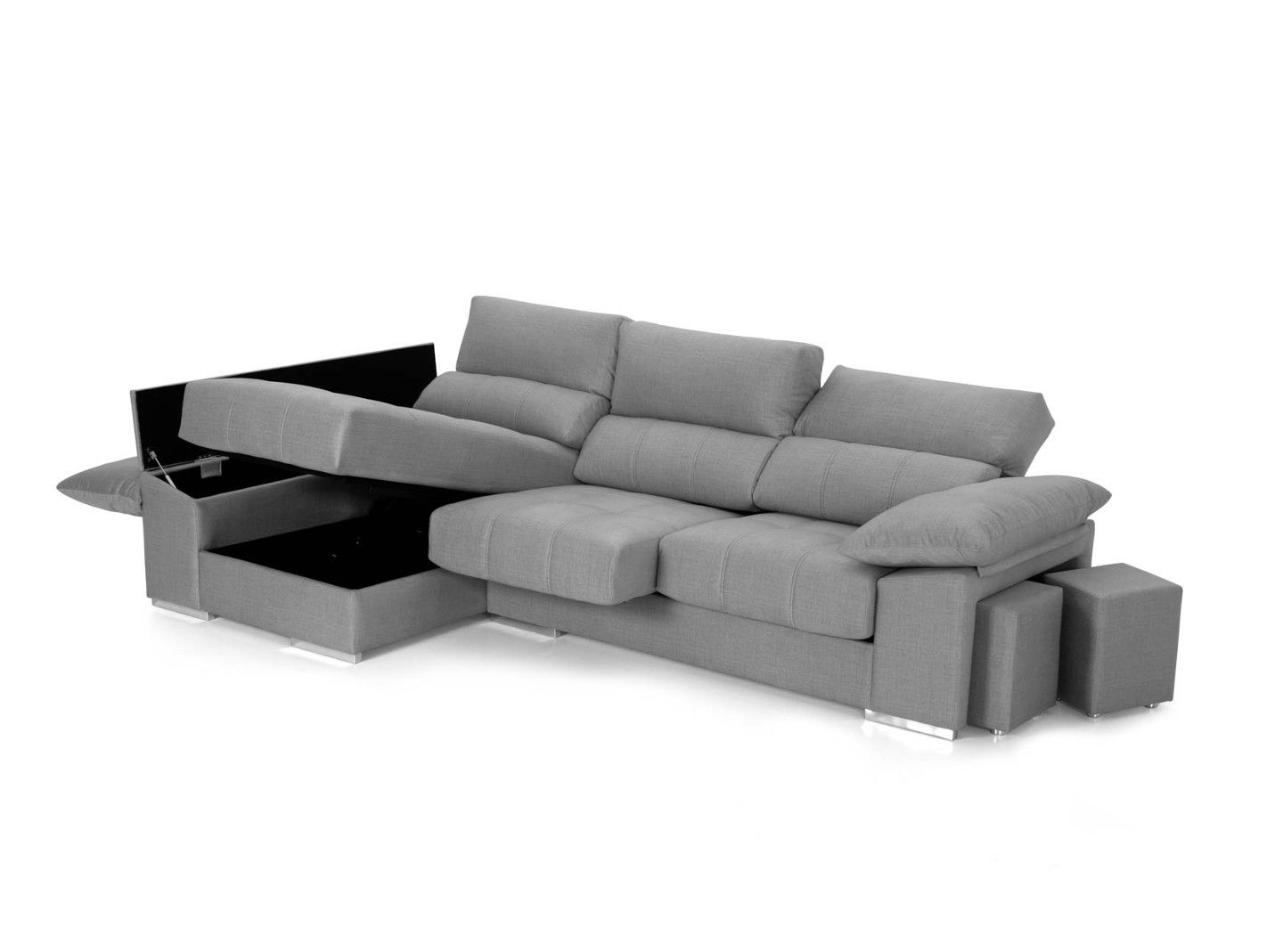 Sofá chaise longue gris claro con asientos deslizantes y brazo puff