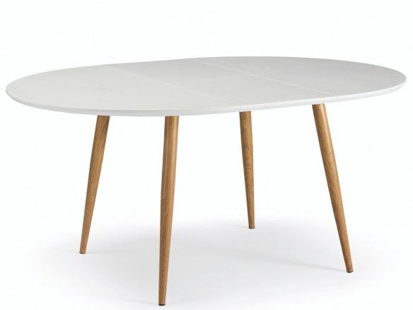 Mesa de comedor redonda extensible metálica y tapa madera color blanco-roble  merkamueble