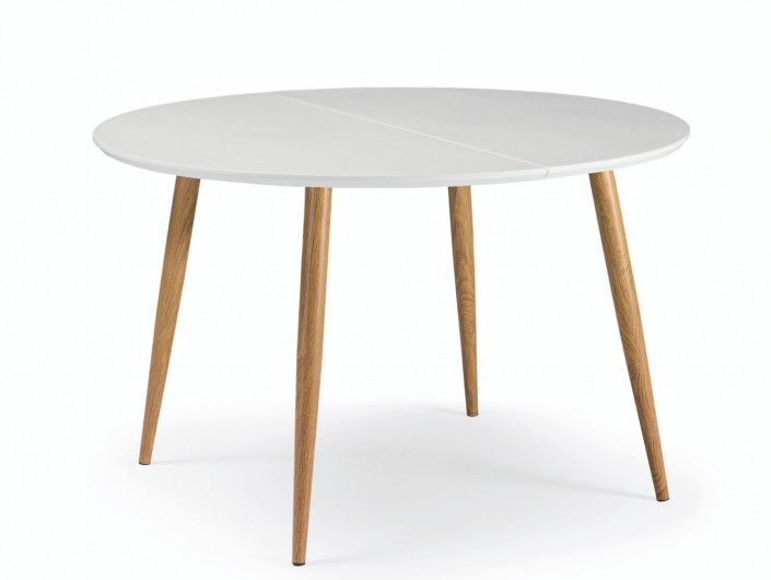 Mesa de comedor redonda extensible metálica y tapa madera color blanco-roble  merkamueble