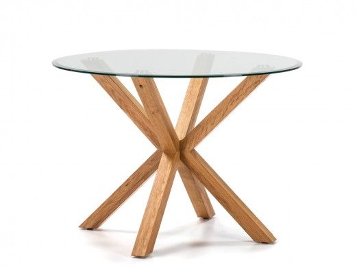 Mesa de comedor redonda fija madera y tapa cristal transparente color roble  merkamueble