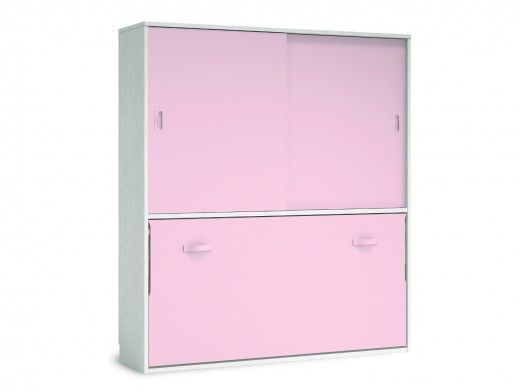 Cama abatible horizontal con armario 2 puertas correderas color ártico-rosa  merkamueble