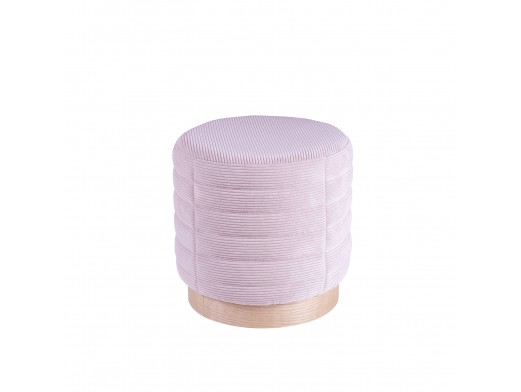 Puf redondo con tela rayada tapizado rosa y base de madera  merkamueble