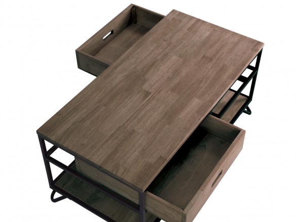 Mesa de centro diseño industrial de madera de roble americano y metal negro con 2 cajones  merkamueble