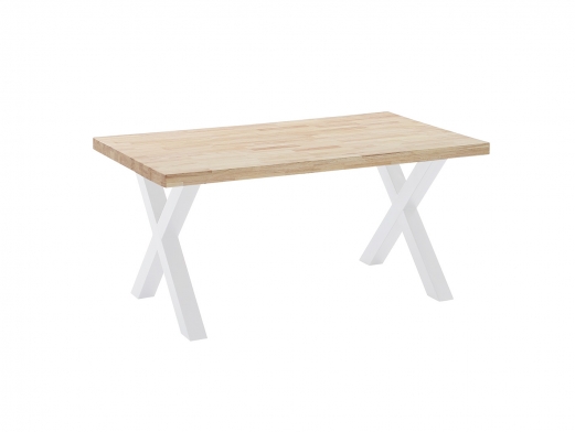 Mesa de comedor fija con tapa de madera de roble y patas metálicas blancas  merkamueble