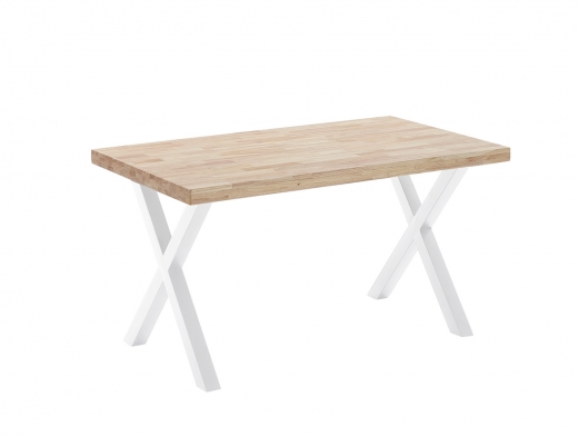 Mesa de comedor fija con tapa de madera de roble y patas metálicas blancas  merkamueble