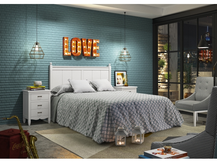 Composición dormitorio cabecero, 2 mesitas color tosca y butaca tapizada  merkamueble
