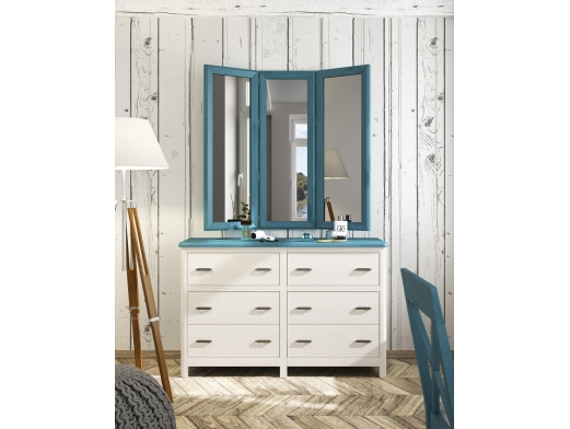 Composición dormitorio cómoda y espejo color blanco decapé-turquesa  merkamueble