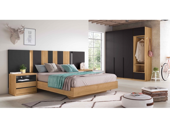 Composición dormitorio cama, 2 mesitas y armario color canela-petrol  merkamueble