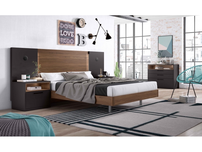 Composición dormitorio cama, 2 mesitas y cómoda color nomada-petrol  merkamueble