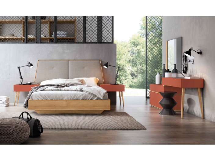 Composición dormitorio cama, 2 mesitas y cómoda-tocador color canela-caldera  merkamueble