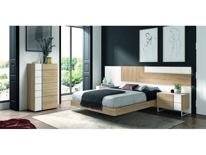 Composición dormitorio cama, 2 mesitas y sinfornier color arios-lacado blanco-essence  merkamueble
