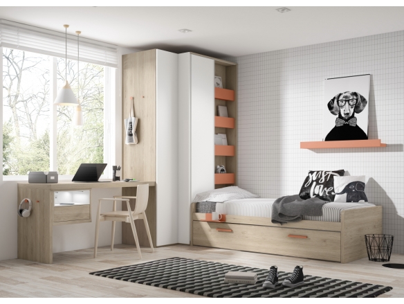 Composición juvenil con cama nido, escritorio y armario de rincón color nórdico-jazmín-juice  merkamueble