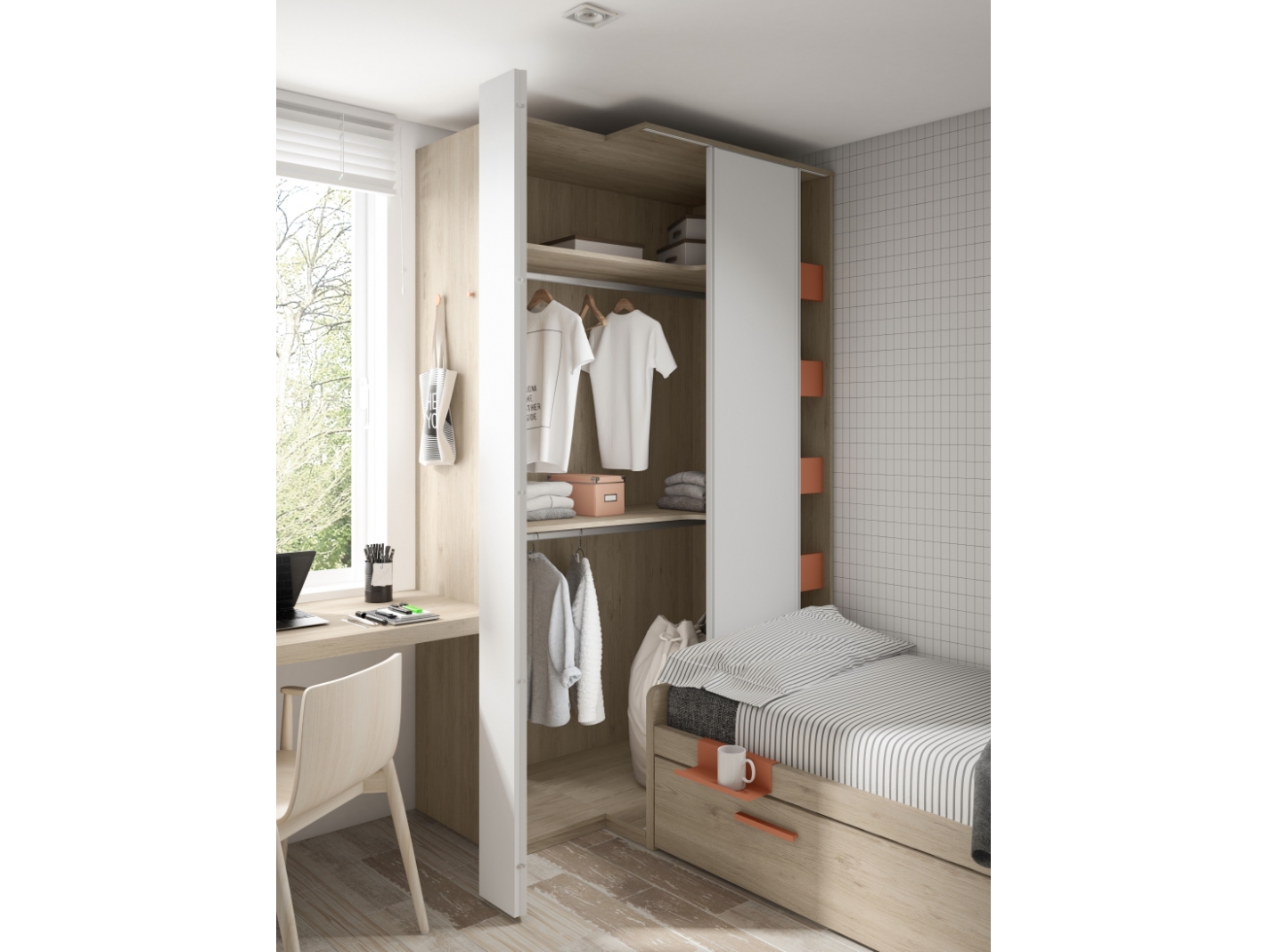 Habitación infantil con cama nido, escritorio y armario rincón
