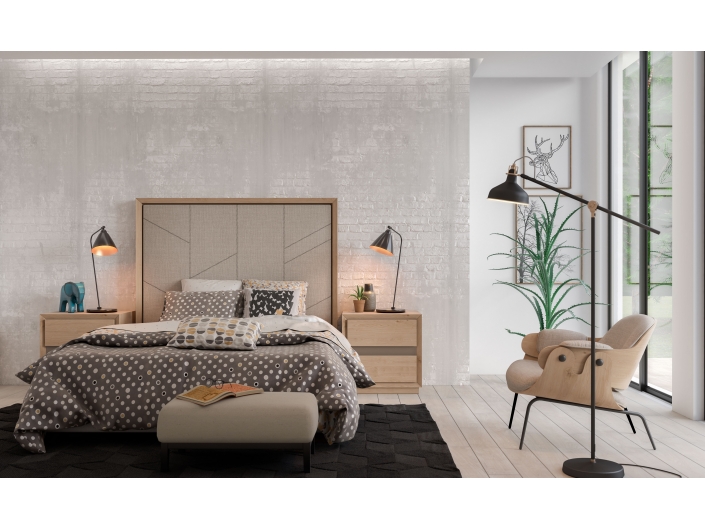 Composición dormitorio cabecero y 2 mesitas color roble nudos-n20/lacado-n61  merkamueble