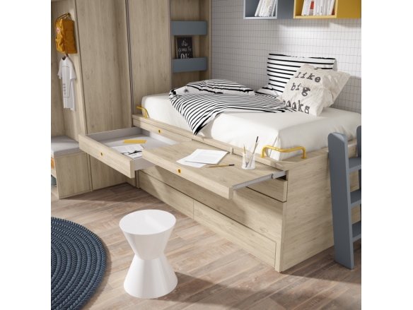 Composición juvenil con bicamas, cajones y escritorio y armario de rincón color nórdico-índigo-mustard  merkamueble