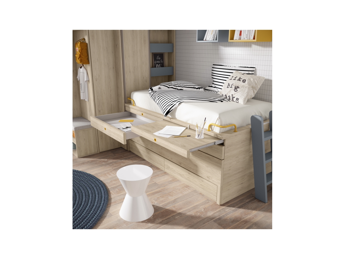 Habitación infantil con cama nido con cajones, armario de rincón, armario  terminal, y escritorio con cajones