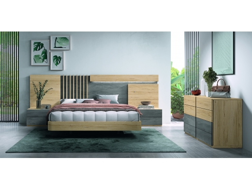 Composición dormitorio cama, mesitas,armario y puente Merkamueble