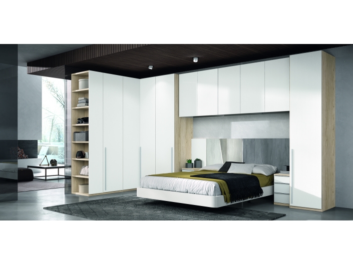 Composición dormitorio cama, 2 mesitas y armario con puente color habana/polar/luxor/essence/lacado blanco  merkamueble