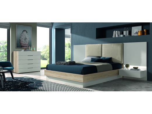 Composición dormitorio cama, 2 mesitas y comodín color habana/gris/blanco  merkamueble