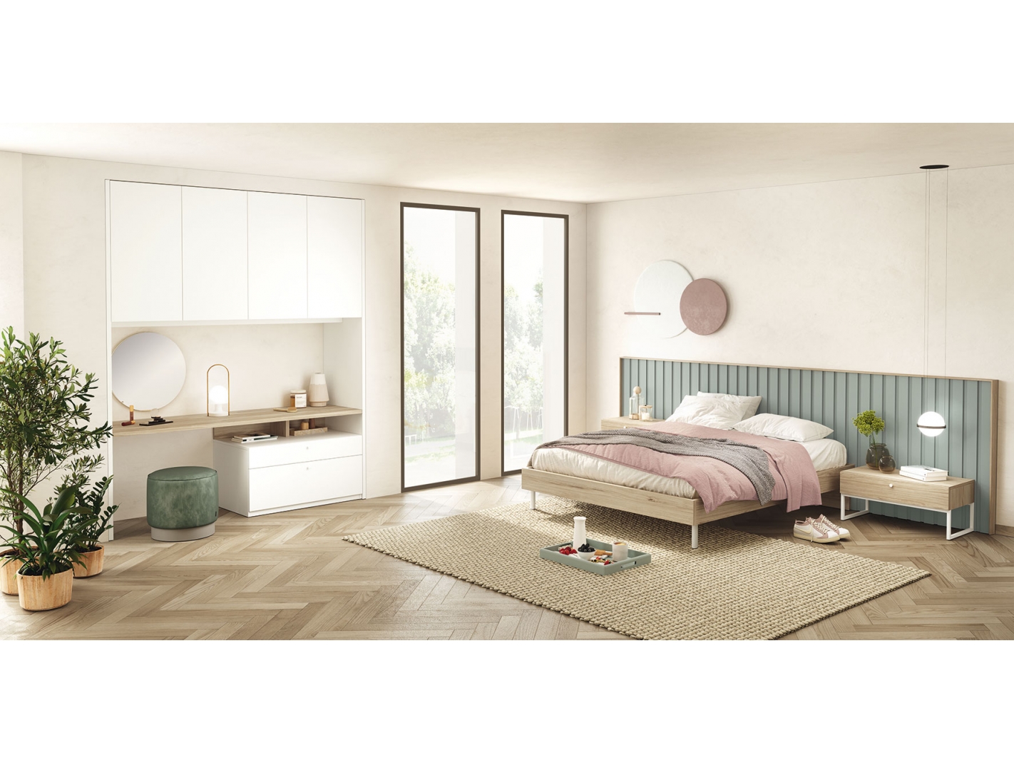 Composición dormitorio cama, 2 mesitas y tocador con butaca color  nomada-petrol Merkamueble