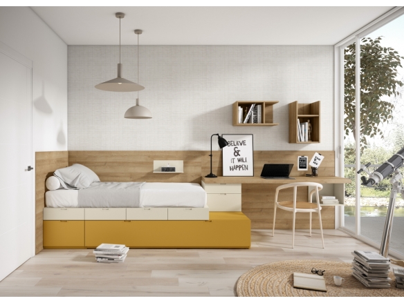 Composición juvenil con cama, base de cajones, cama nido y cajonera con escritorio color canela-nude-mustard  merkamueble