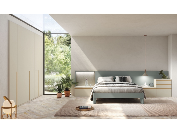 Composición dormitorio cama, 2 mesitas y armario color tórtola/fiordo/textil melamina  merkamueble