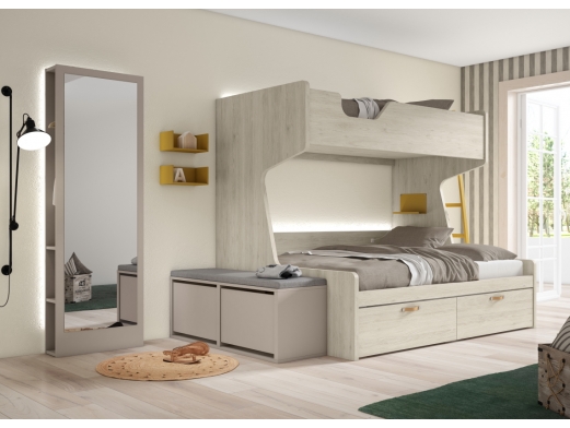 Composición dormitorio con mesa y armario color canela-jazmín-mustard.  Merkamueble