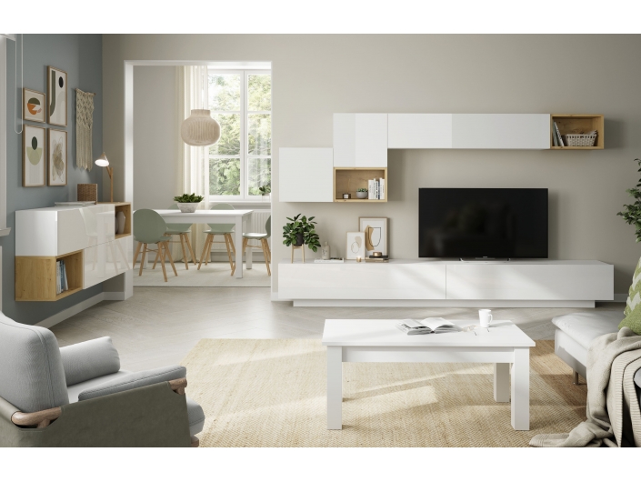 Composición salón modular, auxiliar y mesa centro. Color blanco / artisan  merkamueble