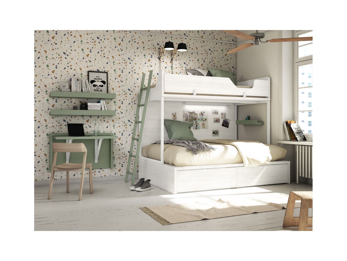 ejemplo Destrucción Malgastar Composición juvenil con litera para camas 90 y 135, escritorio plegable y  estantes color duna-bambú. Merkamueble