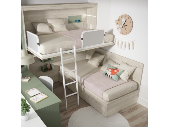 Composición juvenil con cama nido, cama abatible superior, estantería y escritorio color sand-nude-bambú  merkamueble