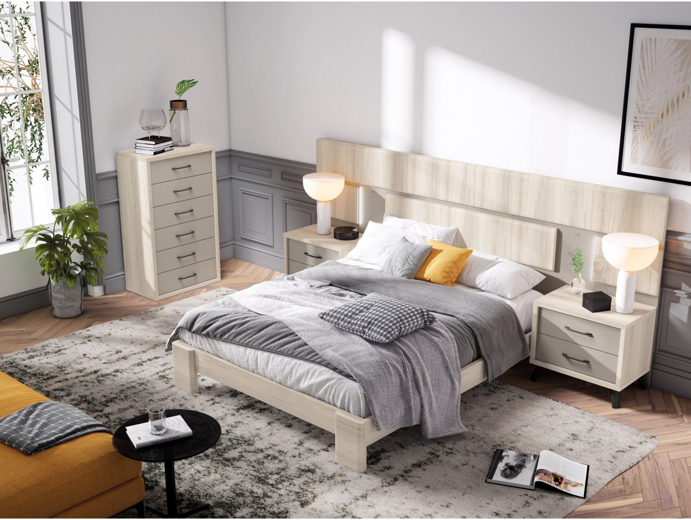 Composición dormitorio cama, 2 mesitas y tocador con butaca color  nomada-petrol Merkamueble