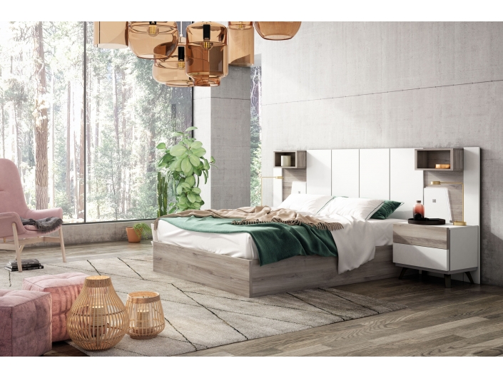Composición dormitorio cama y mesitas color blanco mate-iron  merkamueble