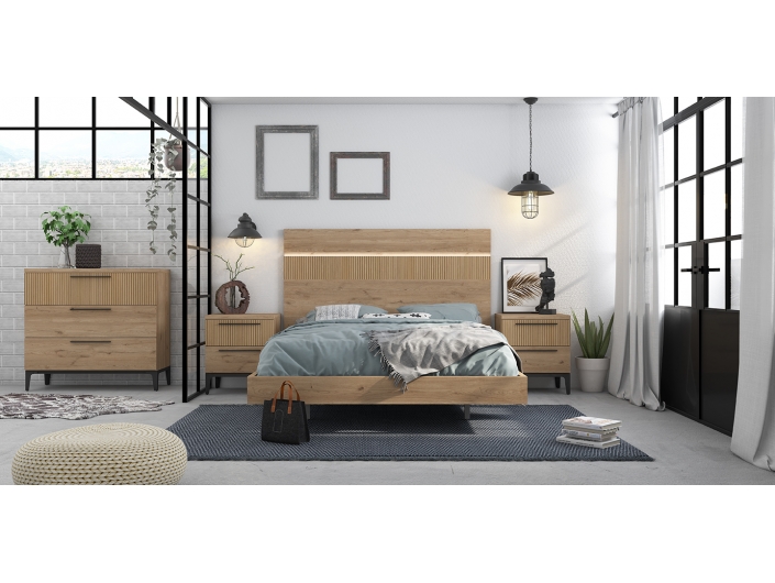 Composición dormitorio cama, mesitas y comoda color naturale/rayado  merkamueble