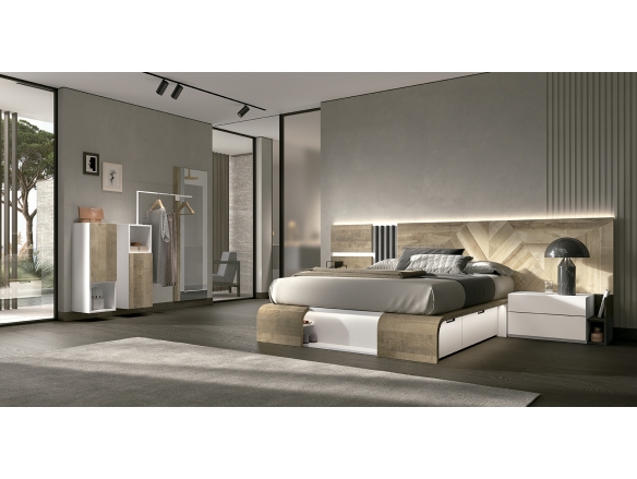 Composición dormitorio con luz cama, mesitas y auxiliar galán color álamo/blanco soft/grafito  merkamueble