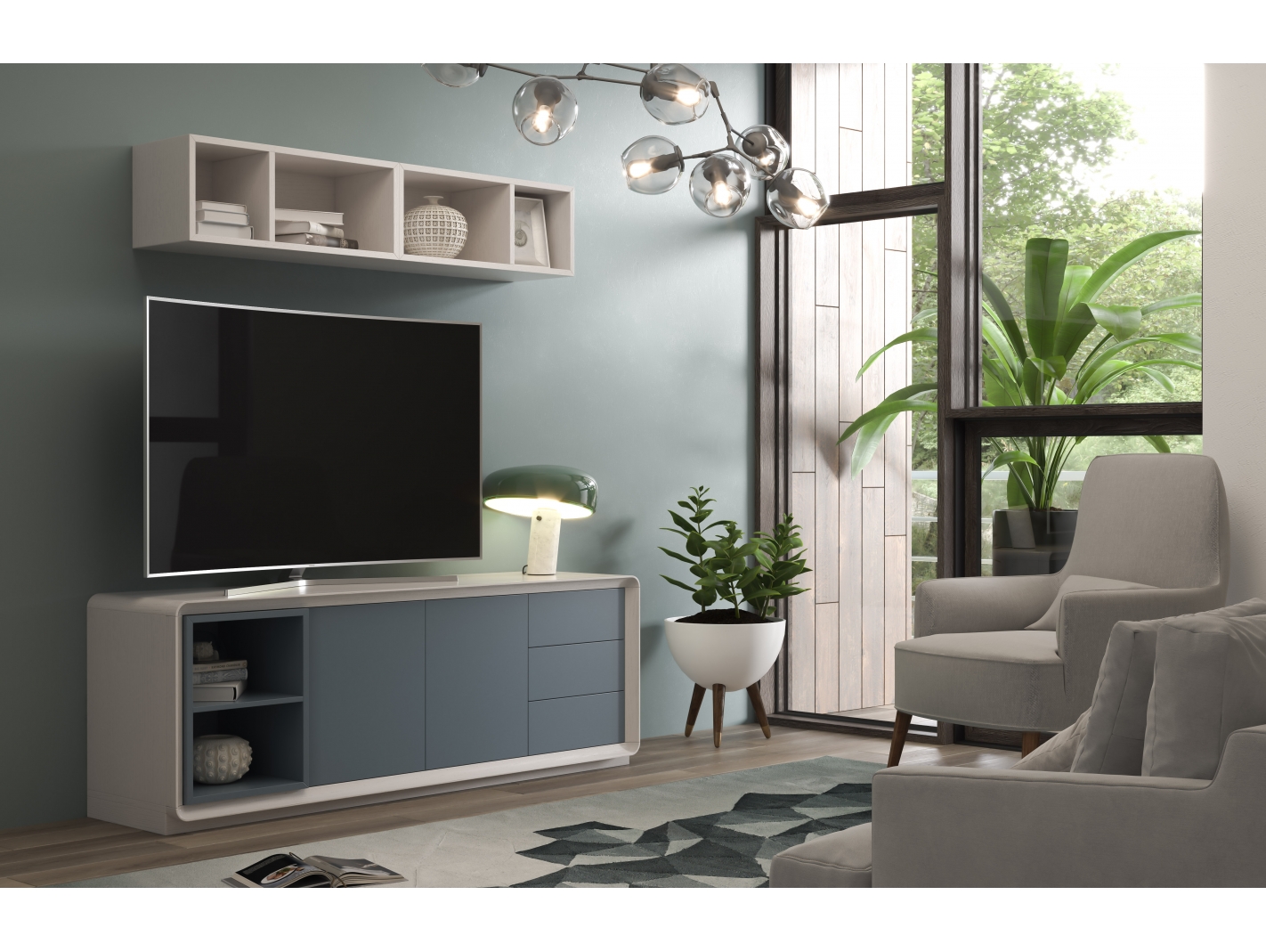 Composición salón módulo tv, vitrina, aparador y mesa centro. Merkamueble