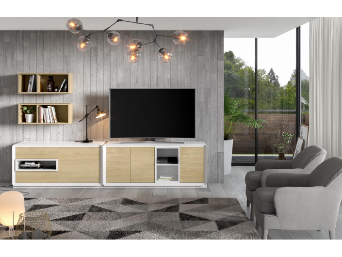 Composición salón con módulo tv y complemento colgar. Color Roble blanco p.a/ Roble N20.  merkamueble
