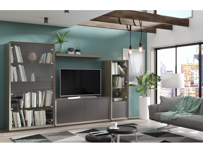 Salón modular bajo tv y vitrina. Color lacado N61 / lacado N62.  merkamueble