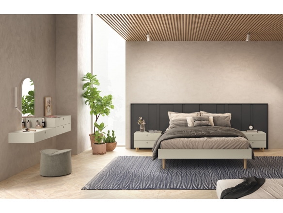 Composición dormitorio cama, 2 mesitas y tocador color fiordo/tórtola/noce  merkamueble