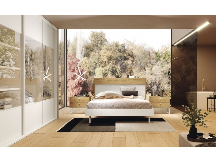 Composición dormitorio cama, 2 mesitas y armario color blanco/roble forest  merkamueble