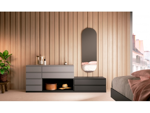 Composición dormitorio cama, 2 mesitas y cómoda color ártico/grafito/nordic  merkamueble