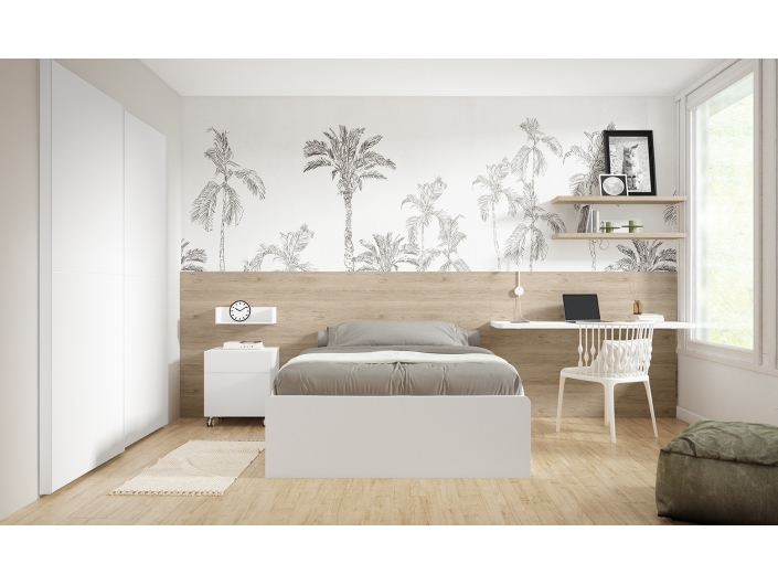 Composición dormitorio cama, 2 mesitas y armario color nord-jazmín  merkamueble