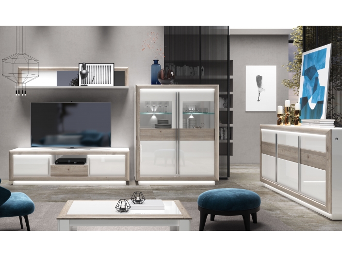 Composición salón módulo tv, vitrina, aparador y mesa centro. Color roble nelson / blanco mate / blanco brillo  merkamueble